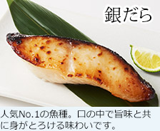 銀だら 人気No.1の魚種。口の中で旨味と共に身がとろける味わいです。